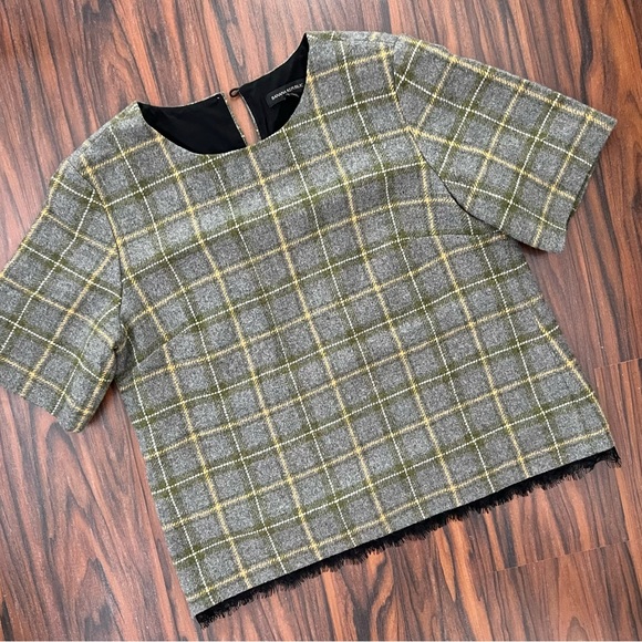 Banana Republic Wool Tweed Plaid Lace Trim Grey Green Short Sleeve Top - Picture 4 of 13